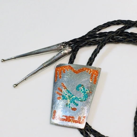 Vintage Sterling Navajo Bennett Road Runner Bolo Tie Turquoise & Red Coral Chip - Picture 10 of 11